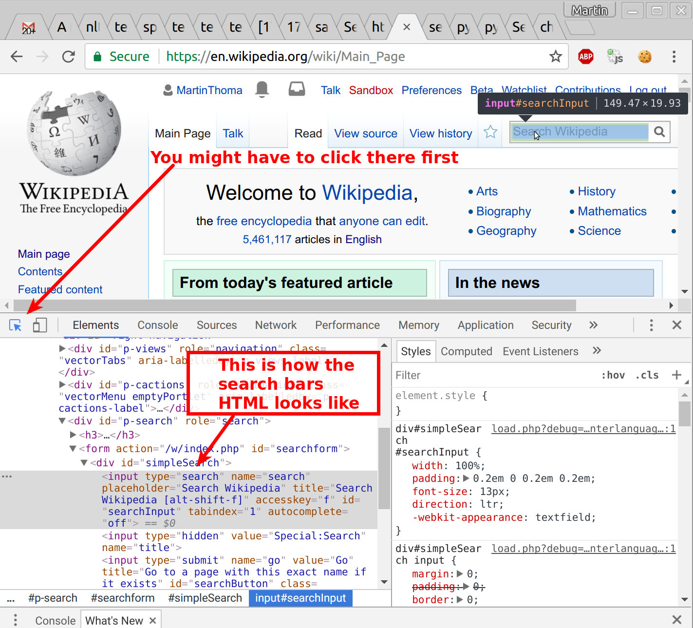 The inspection of the search bar with the Chrome Developer Tools reveals that it has the id 'searchInput'
