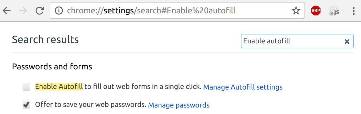 Autofill settings in Google Chrome
