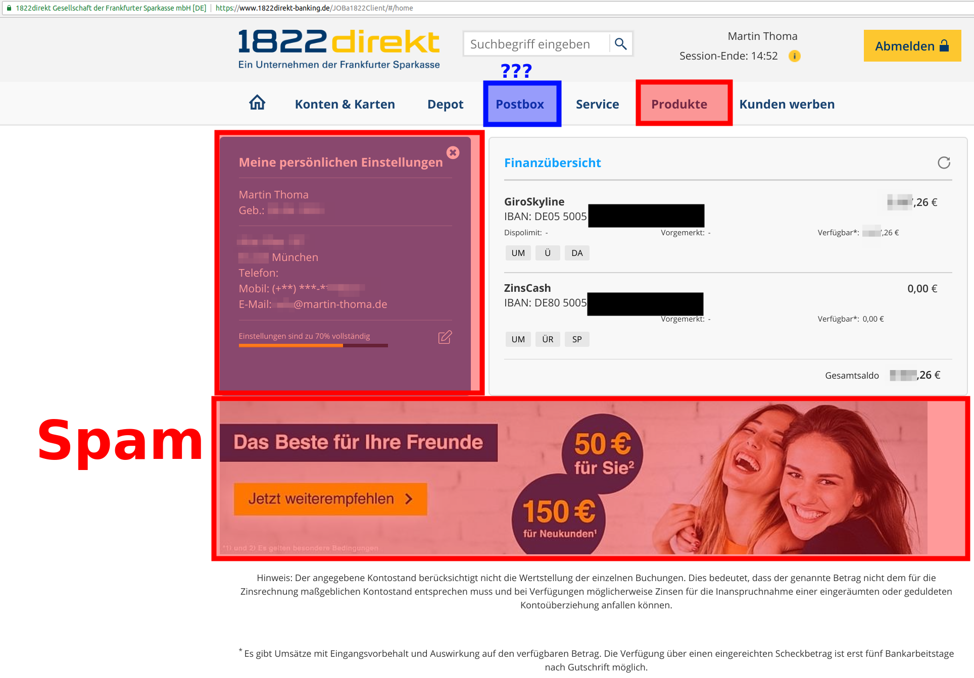 1822direkt shows this as a first page after login