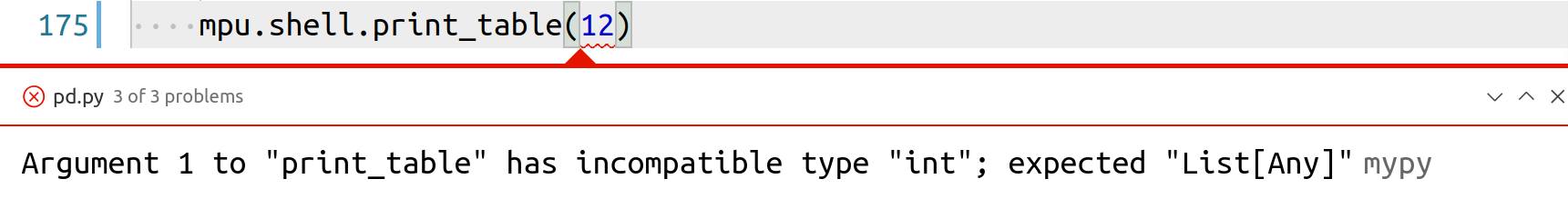 The mypy plugin for VS Code showing an issue with the types. Screenshot by Martin Thoma.