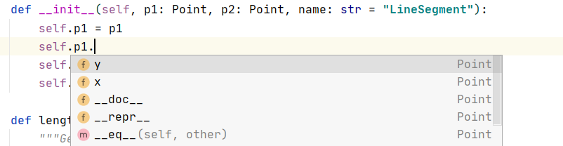 PyCharm automatically suggests using one of the attributes of the used class. The screenshot was taken by the author.