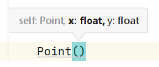 PyCharm tells you that there are two parameters &mdash; x and y &mdash; expected. It also lets you know that you have to enter the first one now (x is bold) and that it should be a float 😍