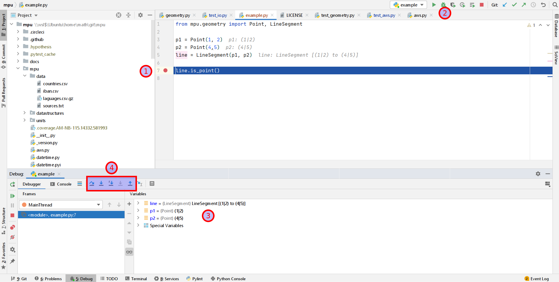 The debugger of PyCharm. Screenshot was taken by Martin Thoma.