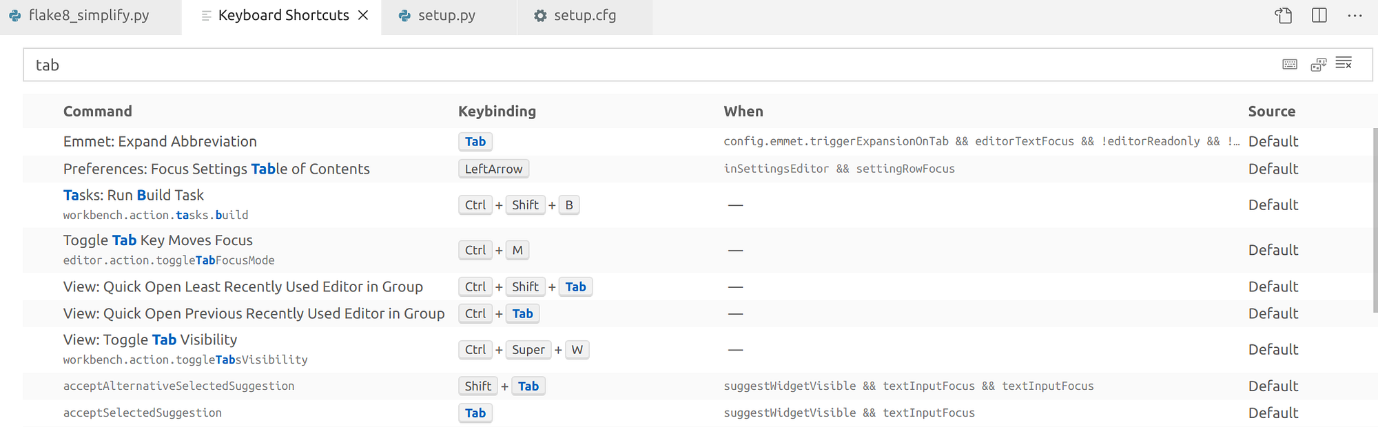 The shortcut editor of VS Code. Screenshot was taken by the author.