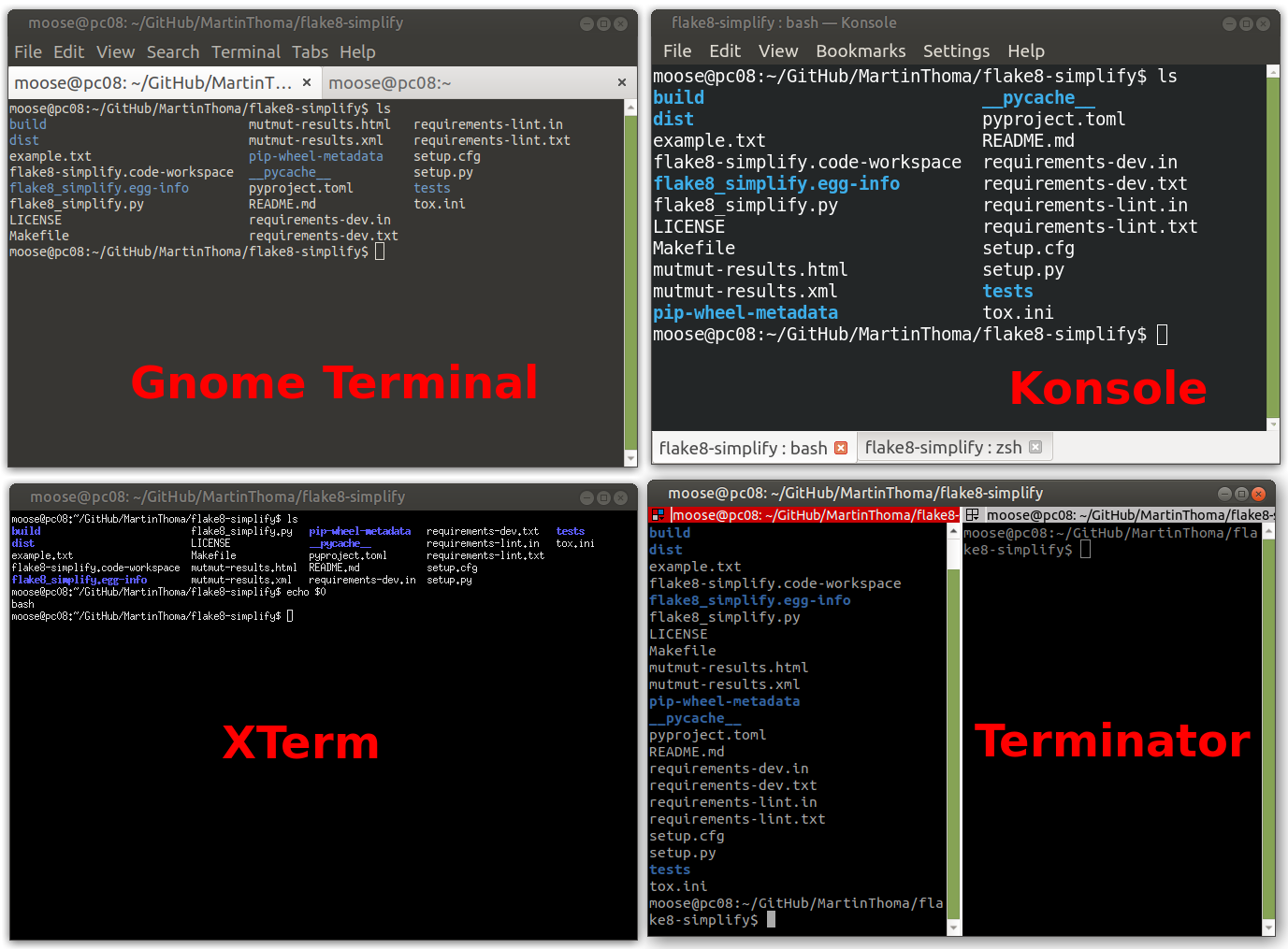 Four terminal emulators on Linux (Gnome Terminal, Konsole, XTerm, Terminator). XTerm does not directly support tabs. The others have 2 tabs open. All of them run the Bash shell. The image was created by Martin Thoma.