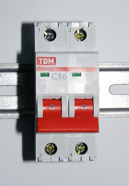 Photo of a two-pole circuit breaker on Wikimedia Commons by Dmitry G