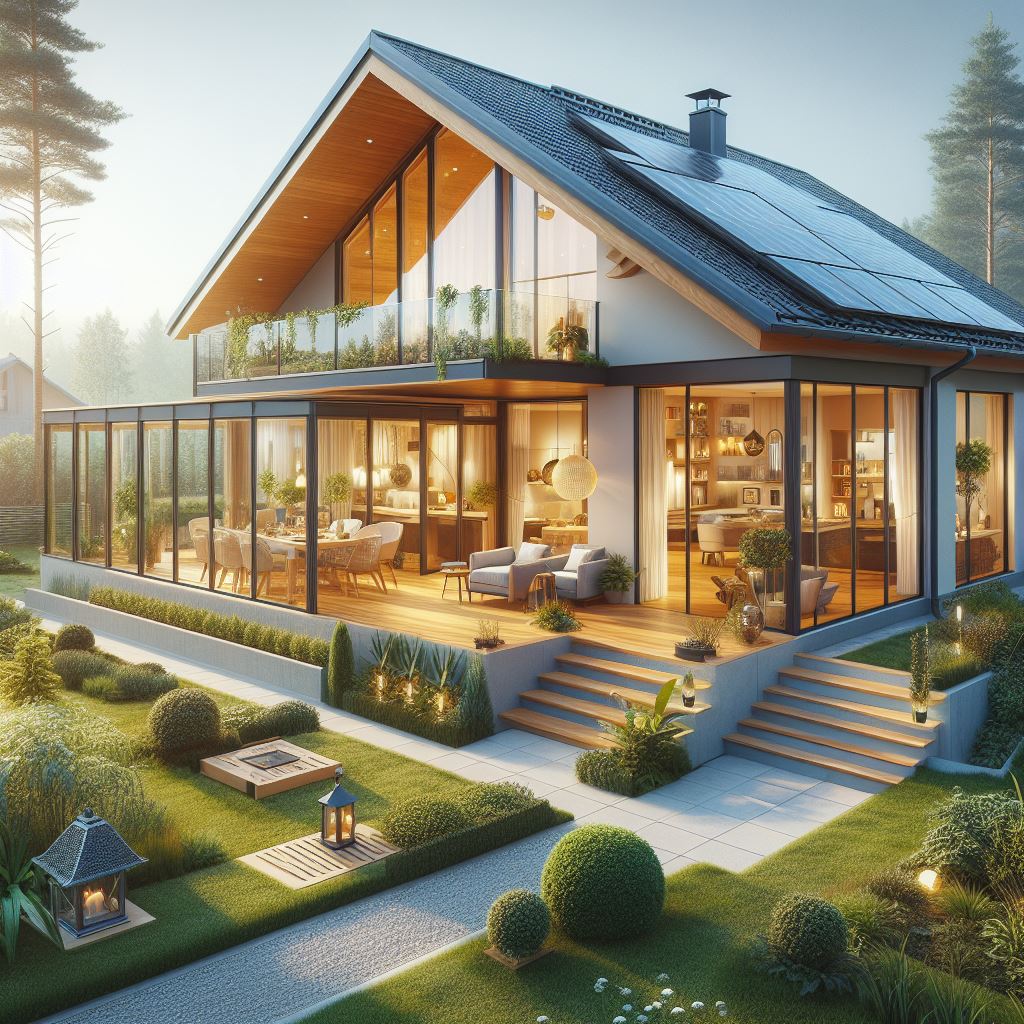 Ein Neubau mit Satteldach und großen Glasflächen, einer Photovoltaik-Anlage, großem Dachüberstand, und schönem Garten